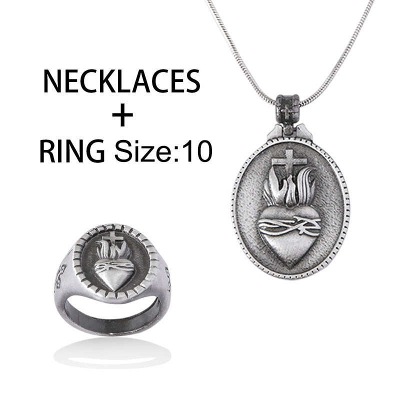 Jesus Sacred Heart Cross Pendant Necklace Ring Jewelry Set