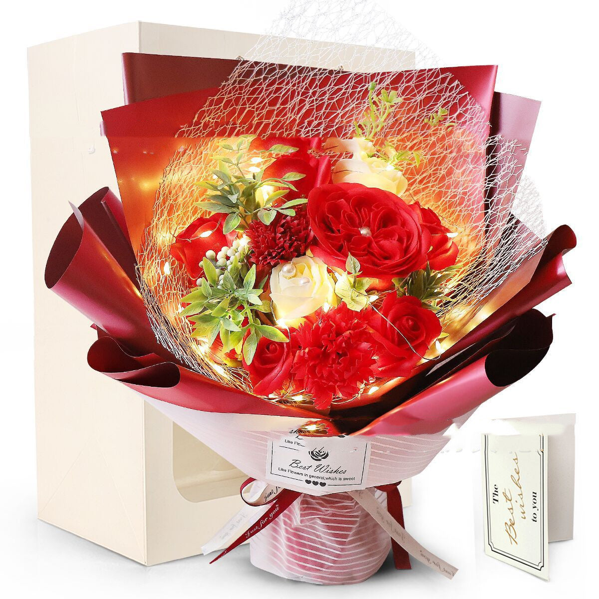 Bouquet of soap carnations flowers with LED lights