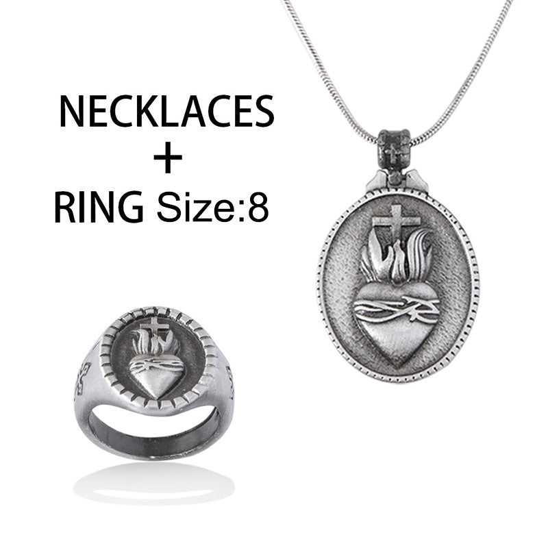 Jesus Sacred Heart Cross Pendant Necklace Ring Jewelry Set