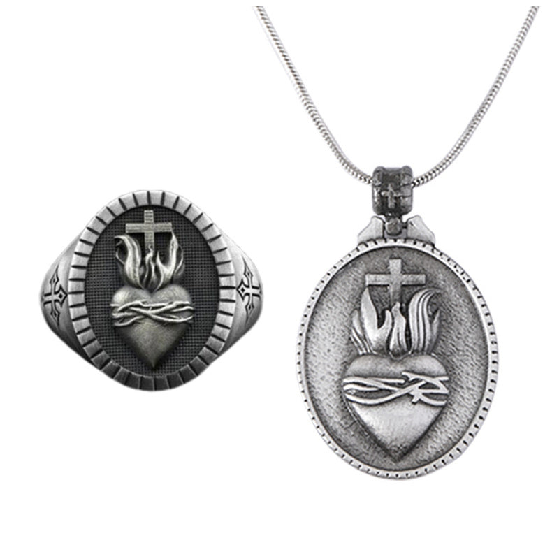 Jesus Sacred Heart Cross Pendant Necklace Ring Jewelry Set